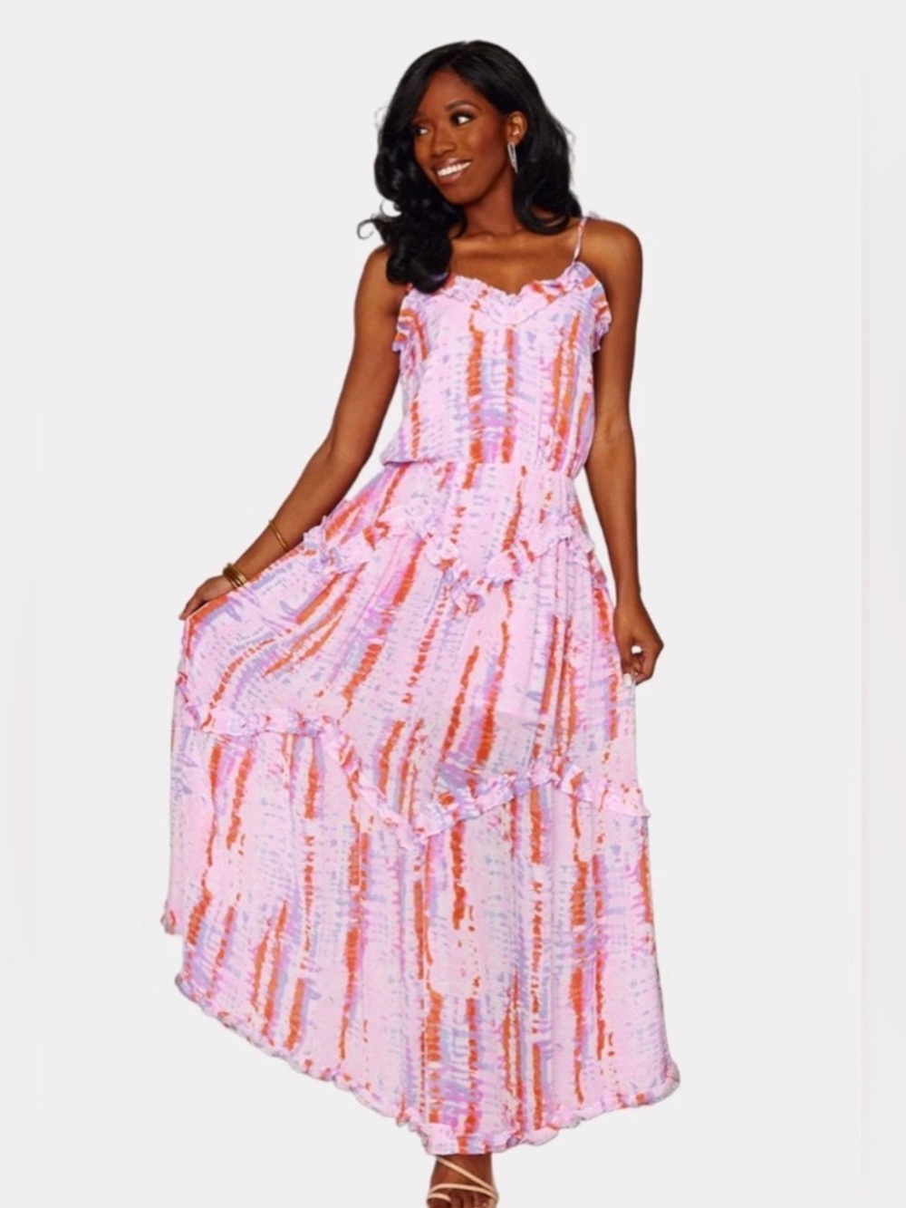 Buddy Love Pink Tie-Dye Rori Jewel Tie Shoulder Maxi Dress Ruffle Detail NWT S